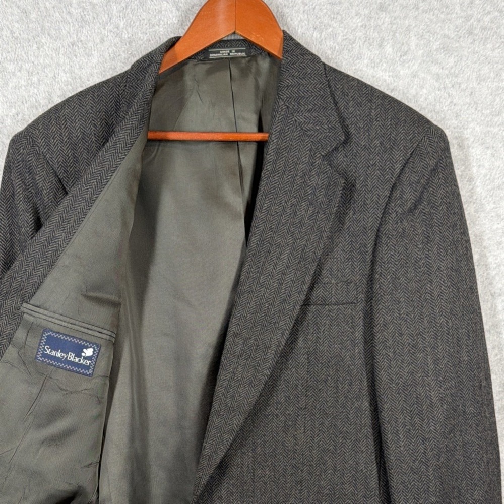 🖤 Vintage Stanley Blacker Black Wool Blend 40L Herringbone Sport Coat Blazer